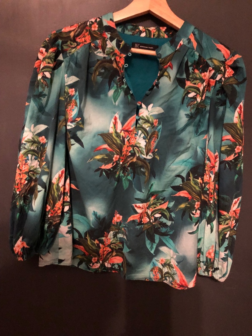 INC Tropical green floral cotton blouse